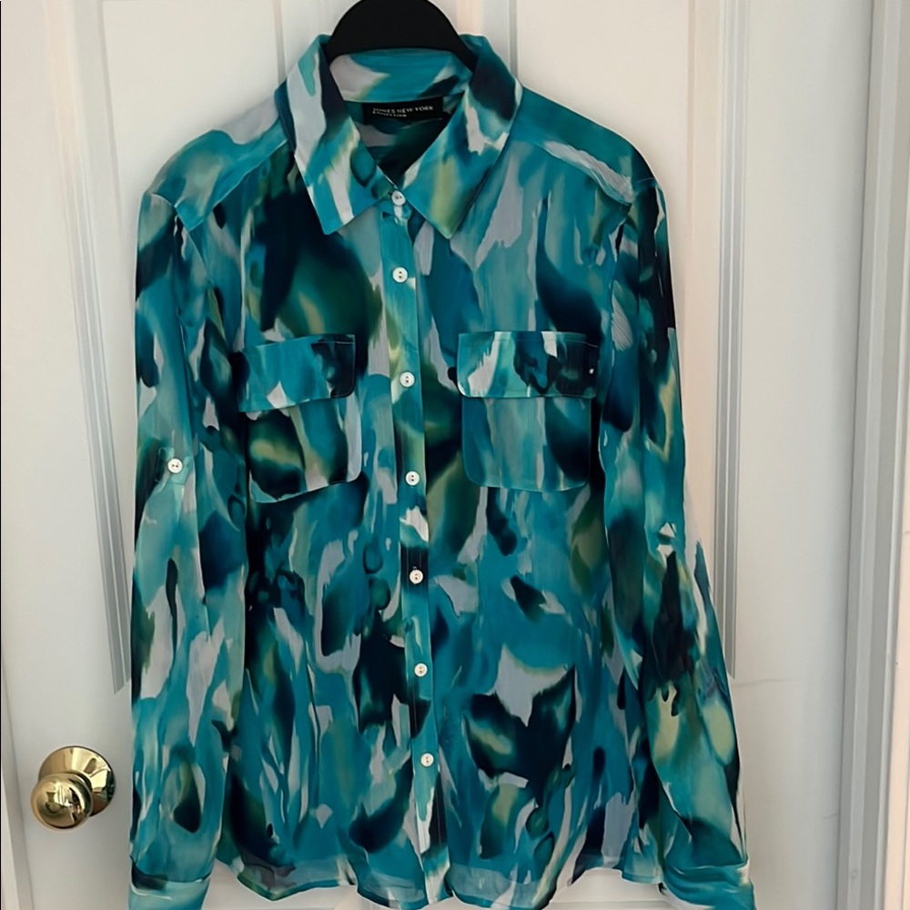 NWOT! Jones New York Turquoise and Navy Blouse